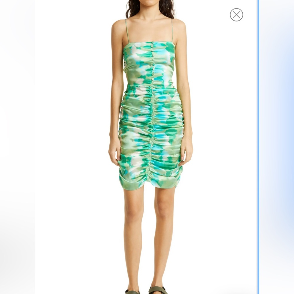 NWT GANNI Ruched Stretch Organic Silk Dress in Lily Green size 0